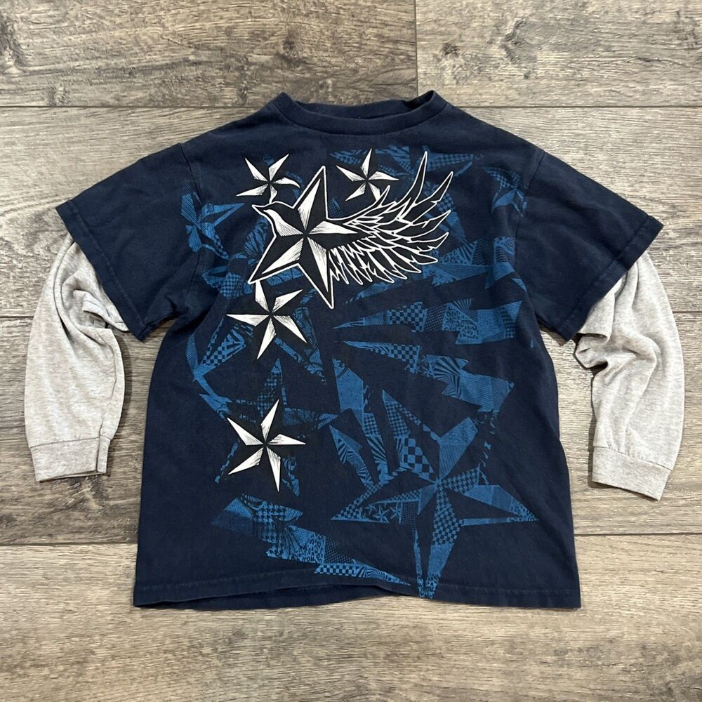 Vintage Y2K Hybrid Tees Blue Gray Long Sleeve Skate T-Shirt - Kids Small